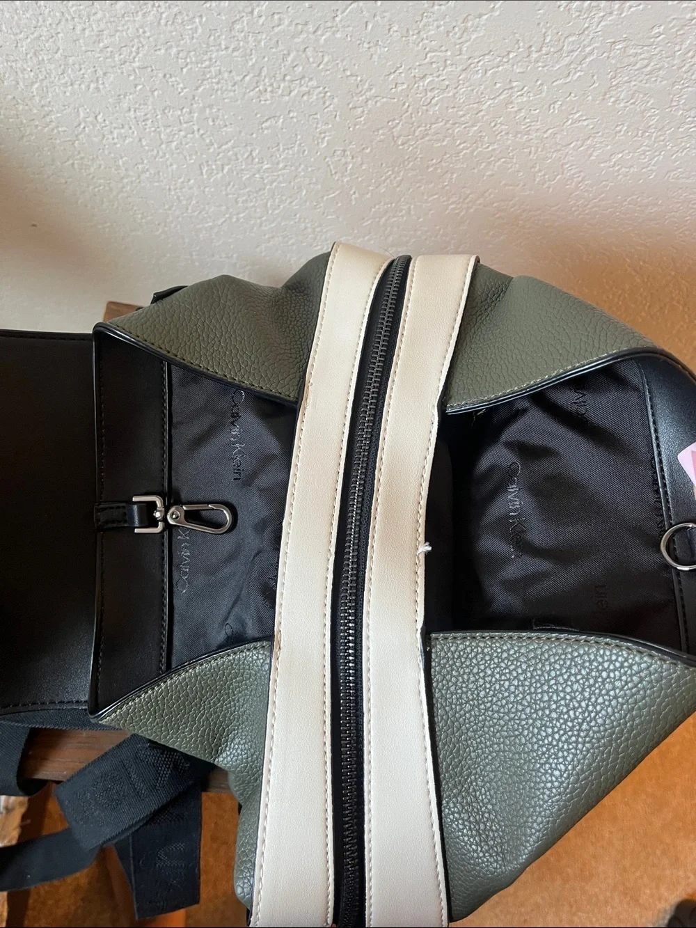 Calvin Klein Olive and Black Pebble Leather Two-Tone Backpack with Coin Pouch